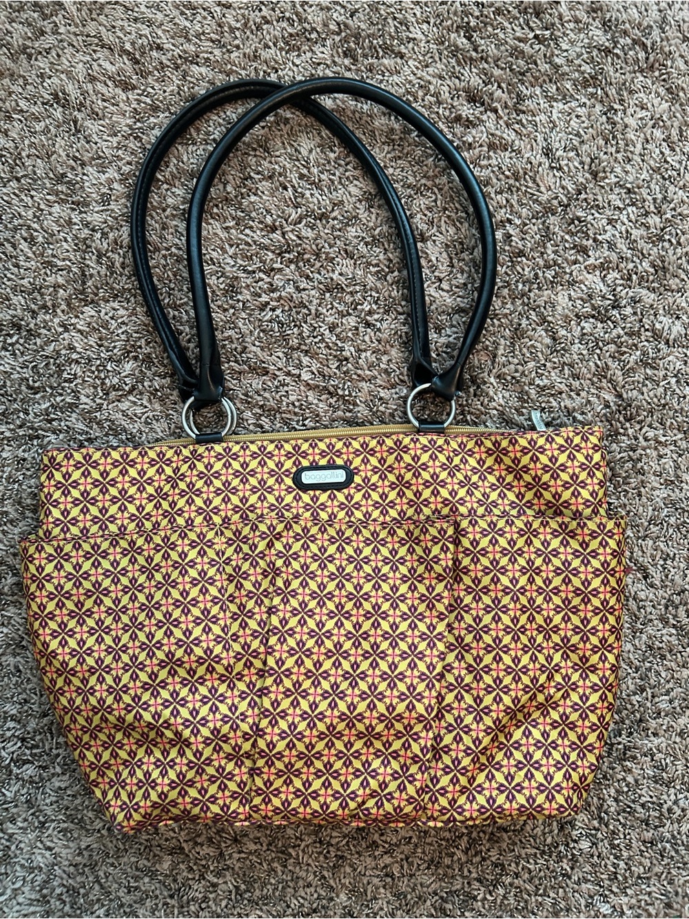 Baggallini Yellow Tote with Burgundy Geometric Print and Black Handles
